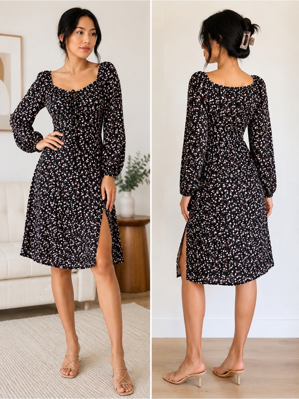 Floral Long-Sleeve Square Neck Midi Dress